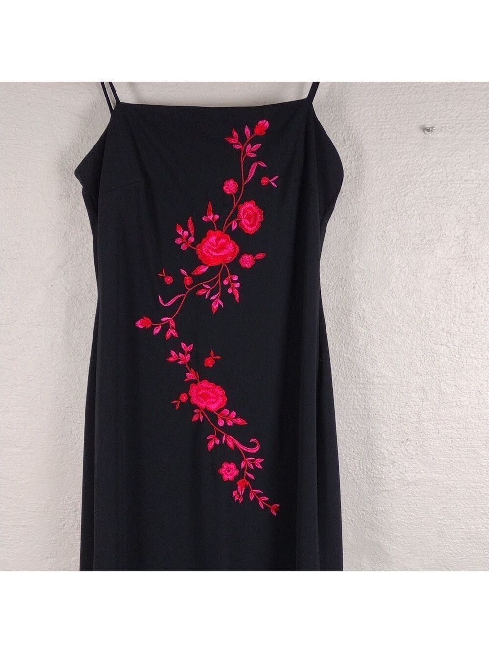 Arianna by Rachel Kaye Black Pink Embroidered Spaghetti Strap Floor Length Gown - Picture 12 of 16